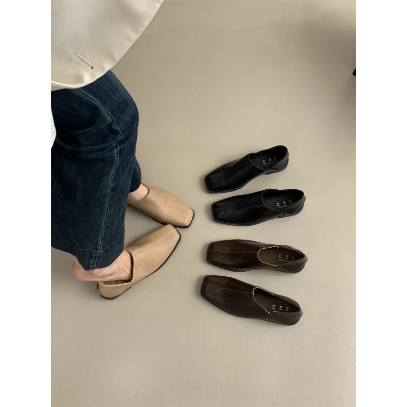 Women Shoes For Winter - Retro Square Head Flat Leather Shoes