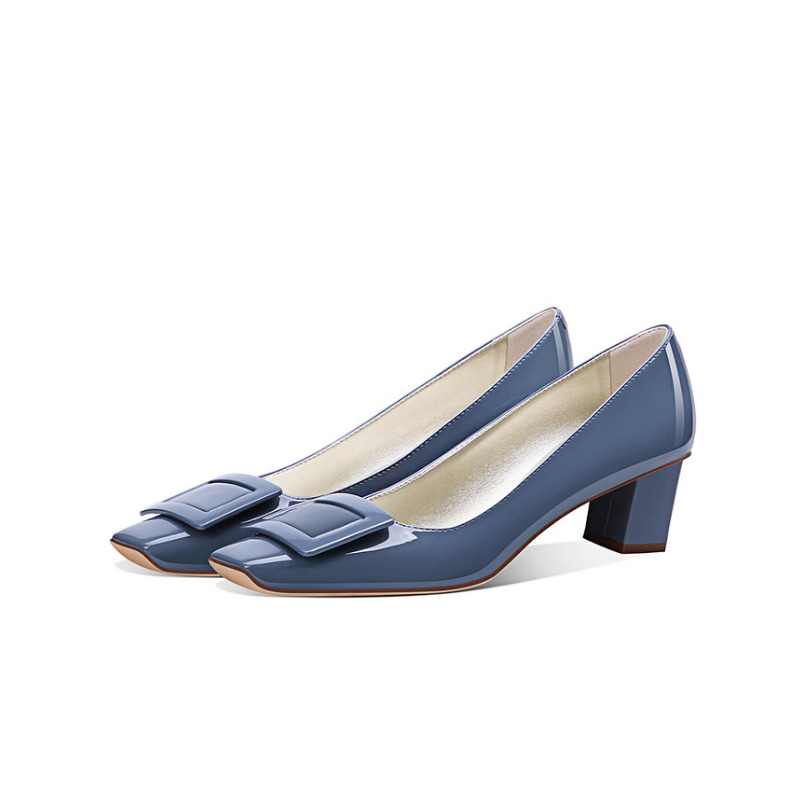 Women'S Shoes Navy Blue - Elegant Blue Square Buckle Pumps Chunky
