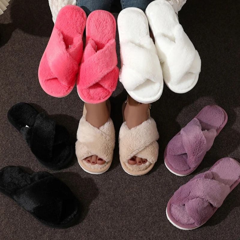 Women Shoes For Winter - Cross Warm Fluffy Furry Slippers Women