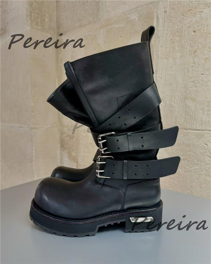 Women'S Shoes Extra Wide - Retro Belt Buckle Motorcycle Boots for
