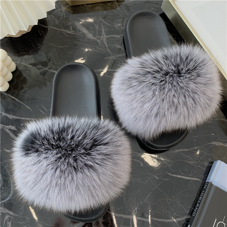 Real Fur Slides Summer Fox Fur - Women'S Shoes Navy Blue บทวิจารณ์และราคา