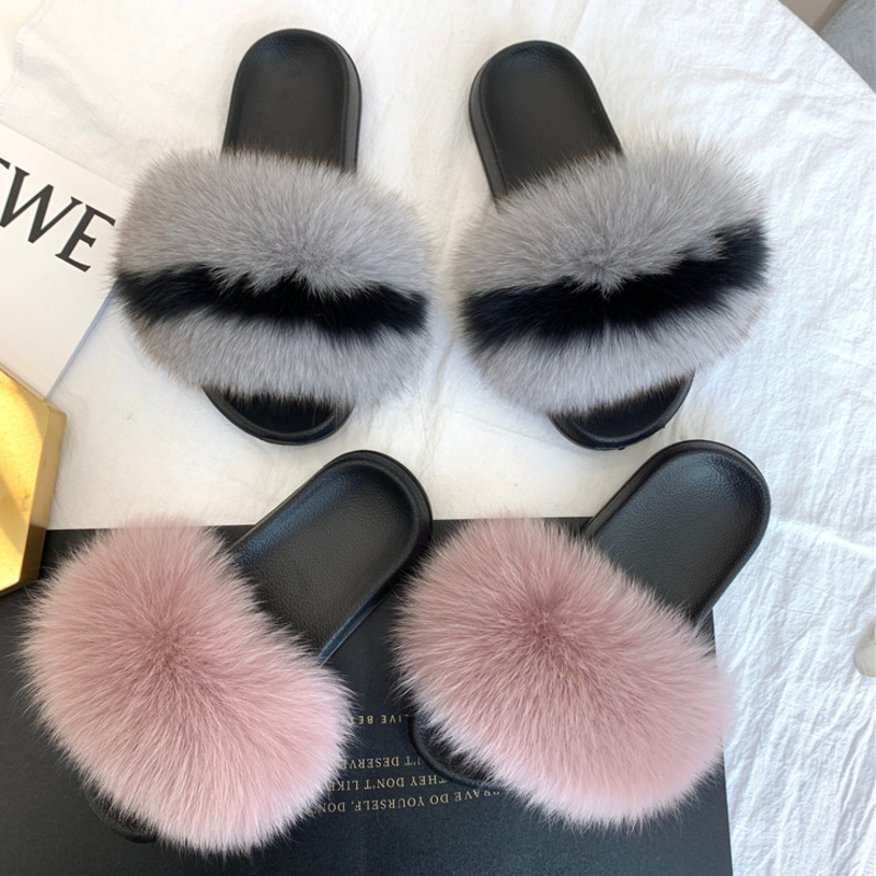 Real Fur Slides Summer Fox Fur - Women'S Shoes Navy Blue บทวิจารณ์และราคา