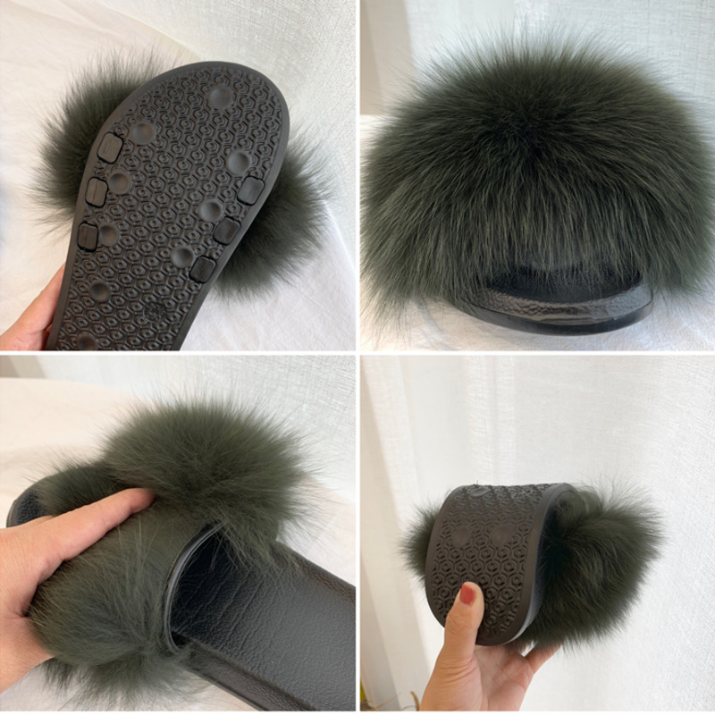 Real Fur Slides Summer Fox Fur - Women'S Shoes Navy Blue บทวิจารณ์และราคา