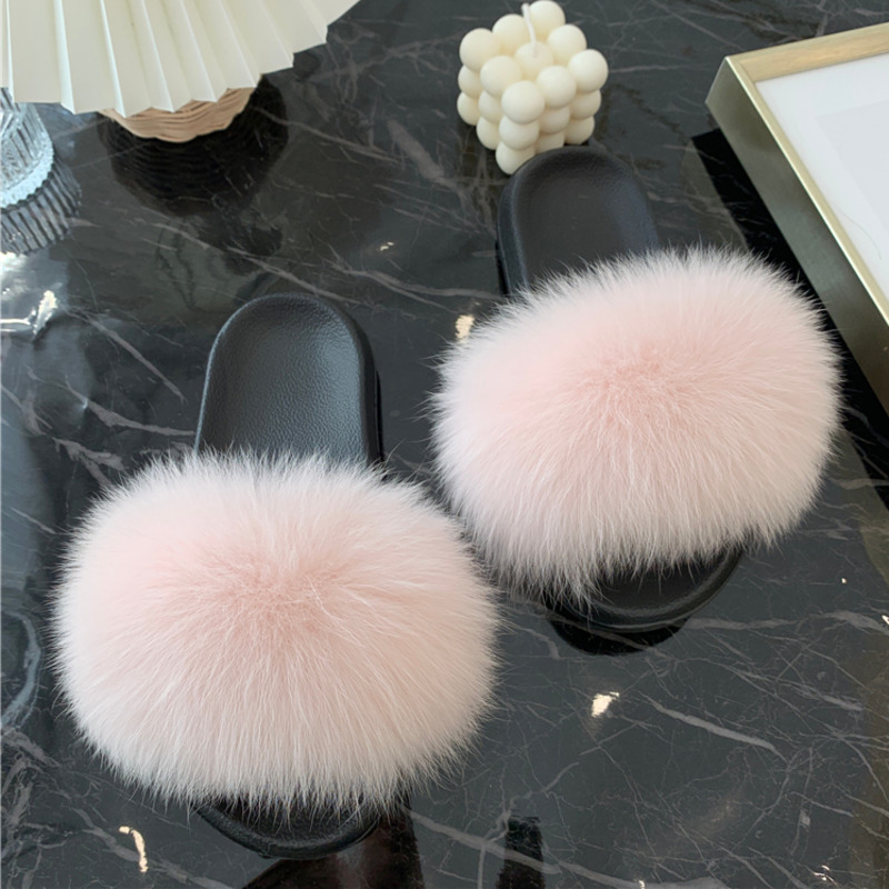 Real Fur Slides Summer Fox Fur - Women'S Shoes Navy Blue บทวิจารณ์และราคา