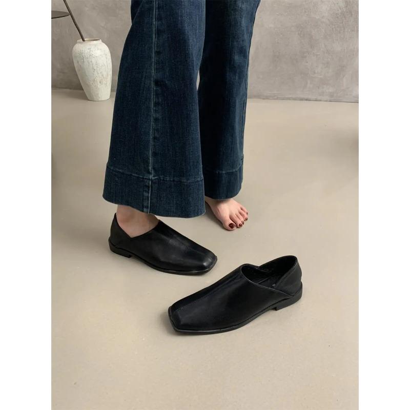Retro Square Head Flat Leather - Women Shoes For Winter บทวิจารณ์และราคา