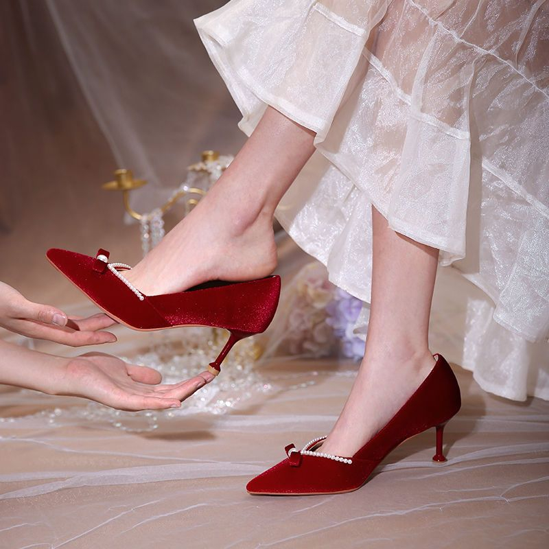 Red High Heel Pearl Ladies Pum - Women Shoes Quick Delivery บทวิจารณ์และราคา